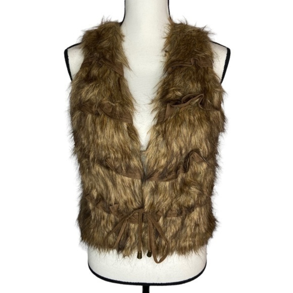 Bagatelle Vest Brown Faux Fur‎ Tiered Ruffle Front Tie Waist Sleeveless Size S